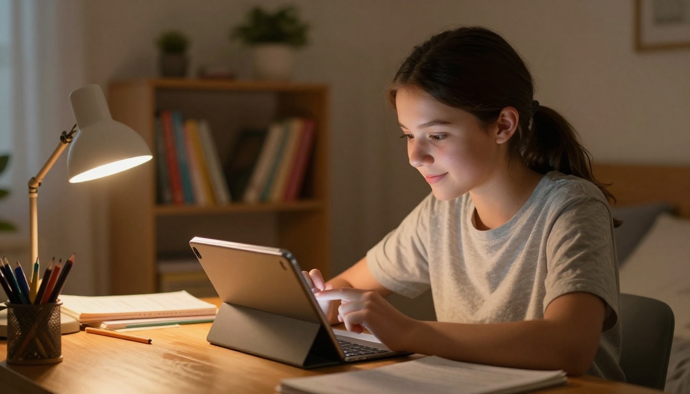 Young female student sitting at a cozy home desk doing homework on a tablet, warm lamp light and bookshelves in background Young female student sitting at a cozy home desk doing homework on a tablet, warm lamp light and bookshelves in background