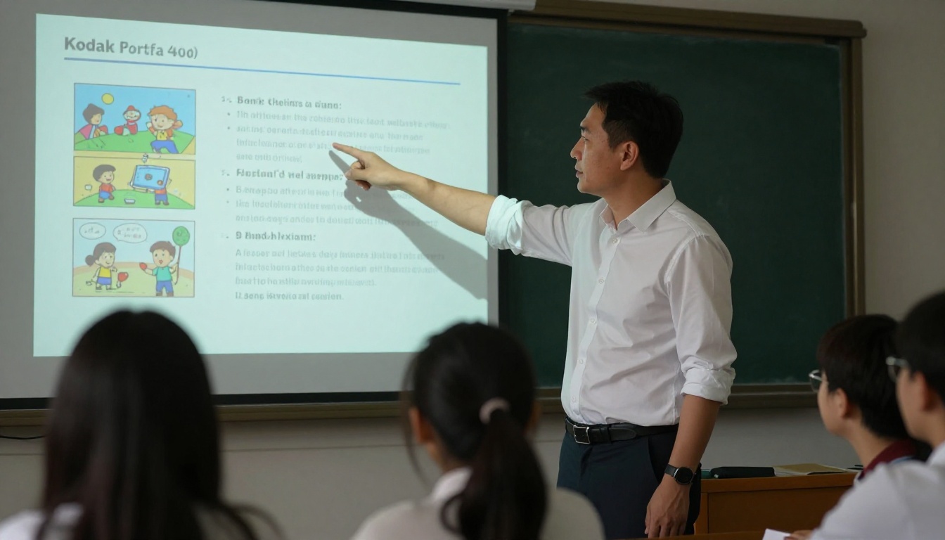 A male teacher presenting a digital lesson on a projector screen to attentive students A male teacher presenting a digital lesson on a projector screen to attentive students