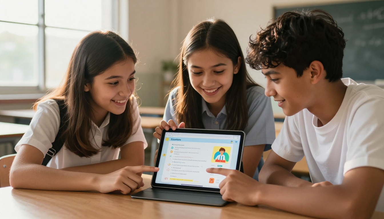 Students collaborating around a shared tablet showing interactive educational content Students collaborating around a shared tablet showing interactive educational content
