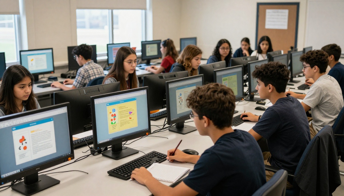 Diverse group of high school students in a computer lab working on interactive educational flipbooks on their workstation screens Diverse group of high school students in a computer lab working on interactive educational flipbooks on their workstation screens