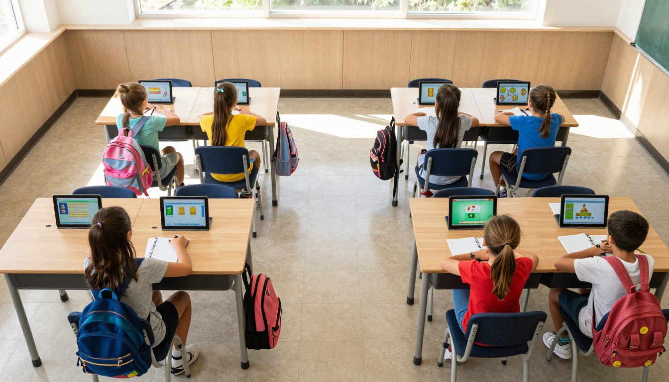 An aerial overhead view of students working on tablets arranged in neat classroom rows An aerial overhead view of students working on tablets arranged in neat classroom rows