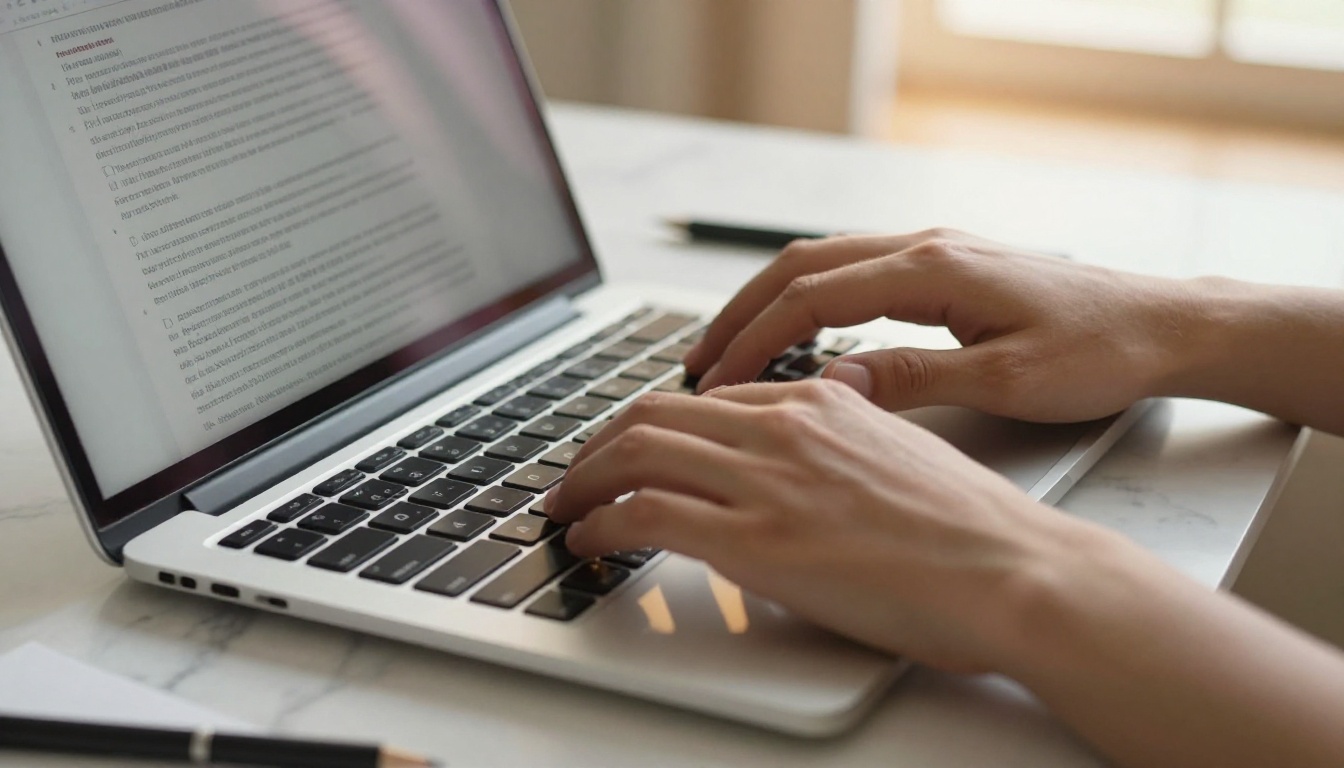 Hands typing on a laptop while a PDF academic document is visible on screen Hands typing on a laptop while a PDF academic document is visible on screen