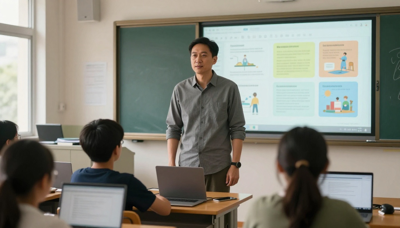 Male teacher presenting a digital textbook on a classroom projector screen with students in the foreground Male teacher presenting a digital textbook on a classroom projector screen with students in the foreground