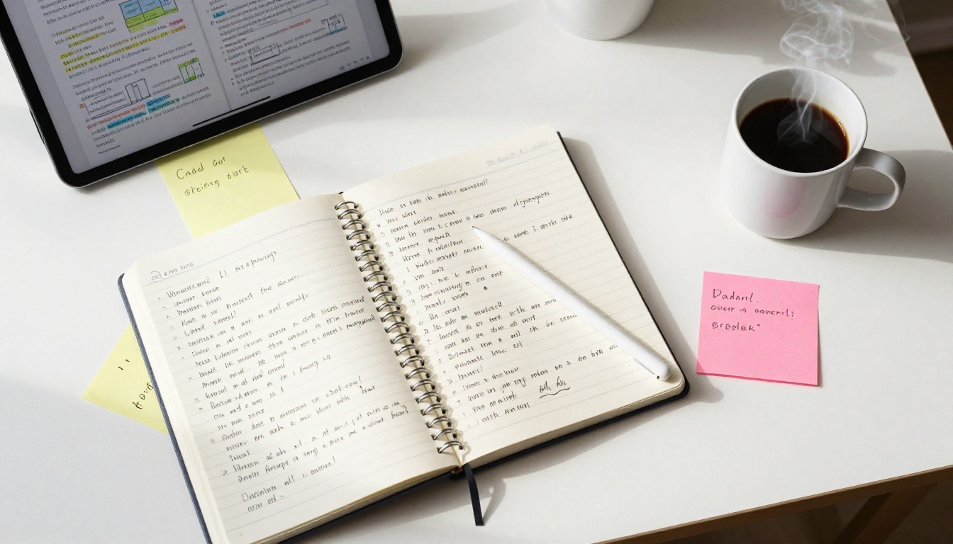 Overhead flat-lay of study materials including a tablet displaying a digital flipbook page Overhead flat-lay of study materials including a tablet displaying a digital flipbook page