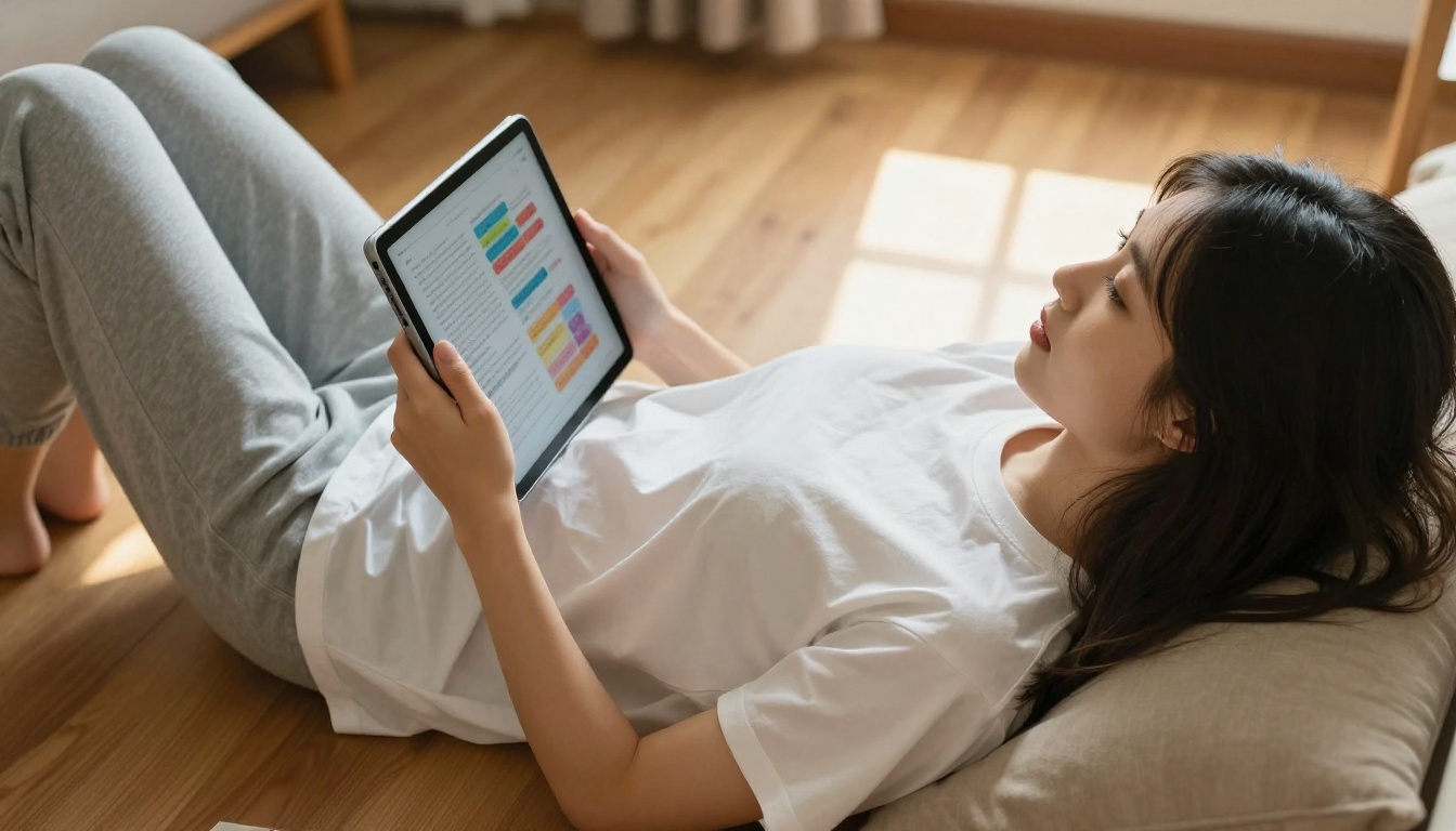 Young female student lying on a wooden floor reading a digital textbook on a tablet Young female student lying on a wooden floor reading a digital textbook on a tablet