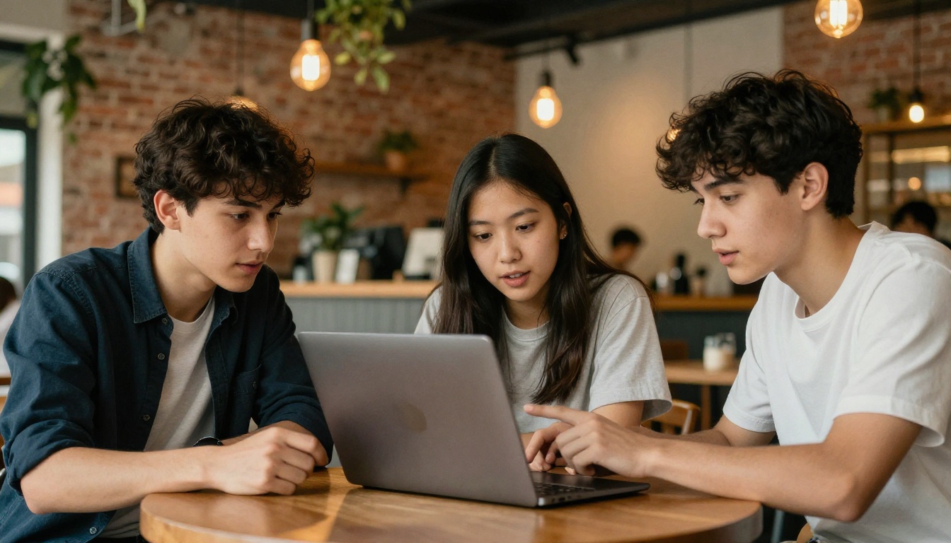 Diverse group of three university students collaborating around a laptop at a campus cafe Diverse group of three university students collaborating around a laptop at a campus cafe