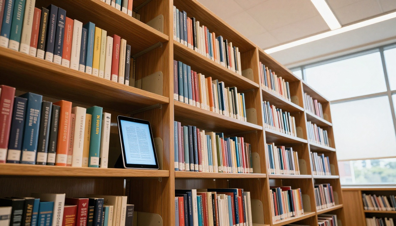 Low-angle view of a school library bookshelf with a tablet displaying a digital textbook propped against it Low-angle view of a school library bookshelf with a tablet displaying a digital textbook propped against it