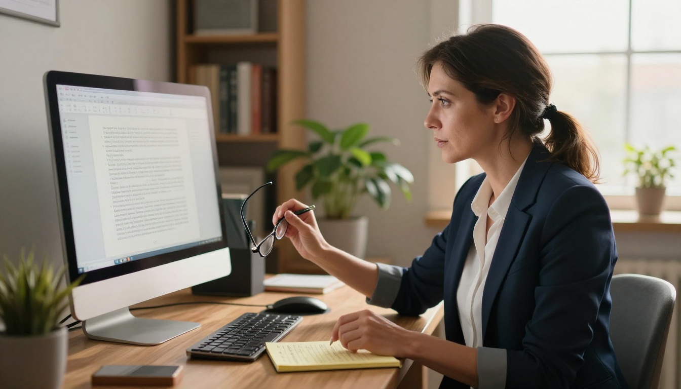 Professional female educator reviewing a digital textbook on a large widescreen monitor at a home office Professional female educator reviewing a digital textbook on a large widescreen monitor at a home office