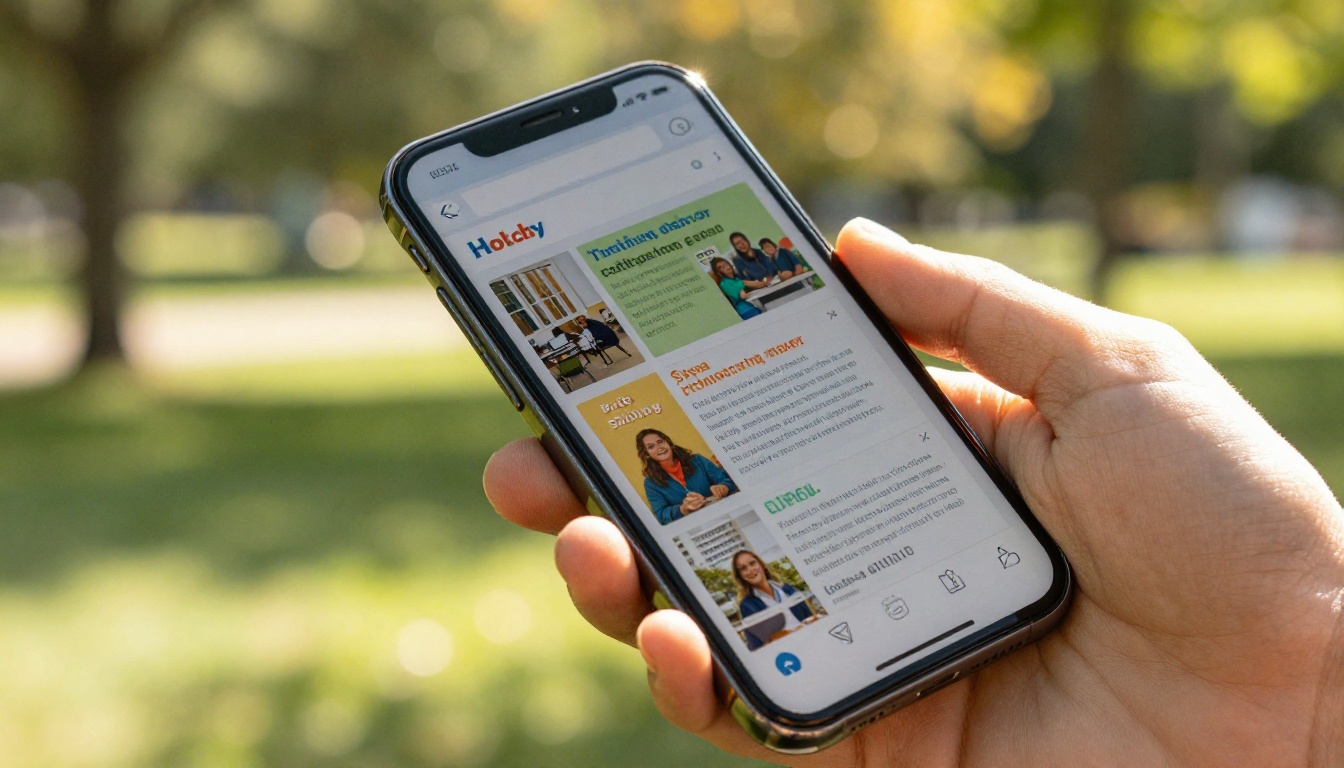 Hand holding a smartphone outdoors displaying a mobile-responsive digital flipbook with academic content Hand holding a smartphone outdoors displaying a mobile-responsive digital flipbook with academic content