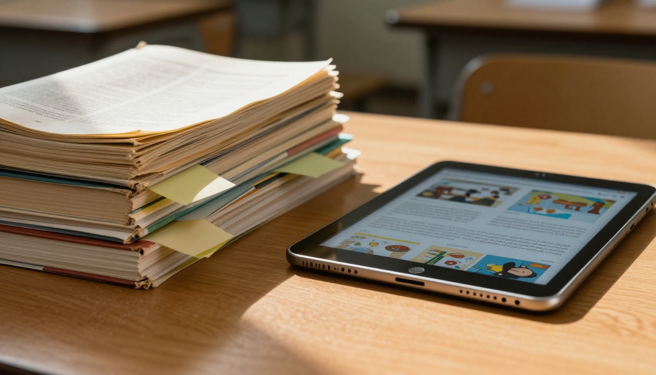 Stack of worn printed textbooks contrasted with a single modern tablet on a school desk