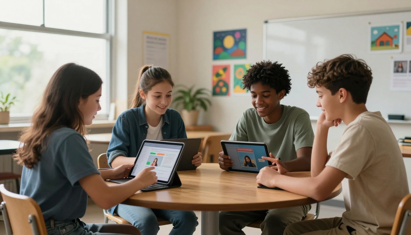 Diverse students around a table each using a tablet showing educational content