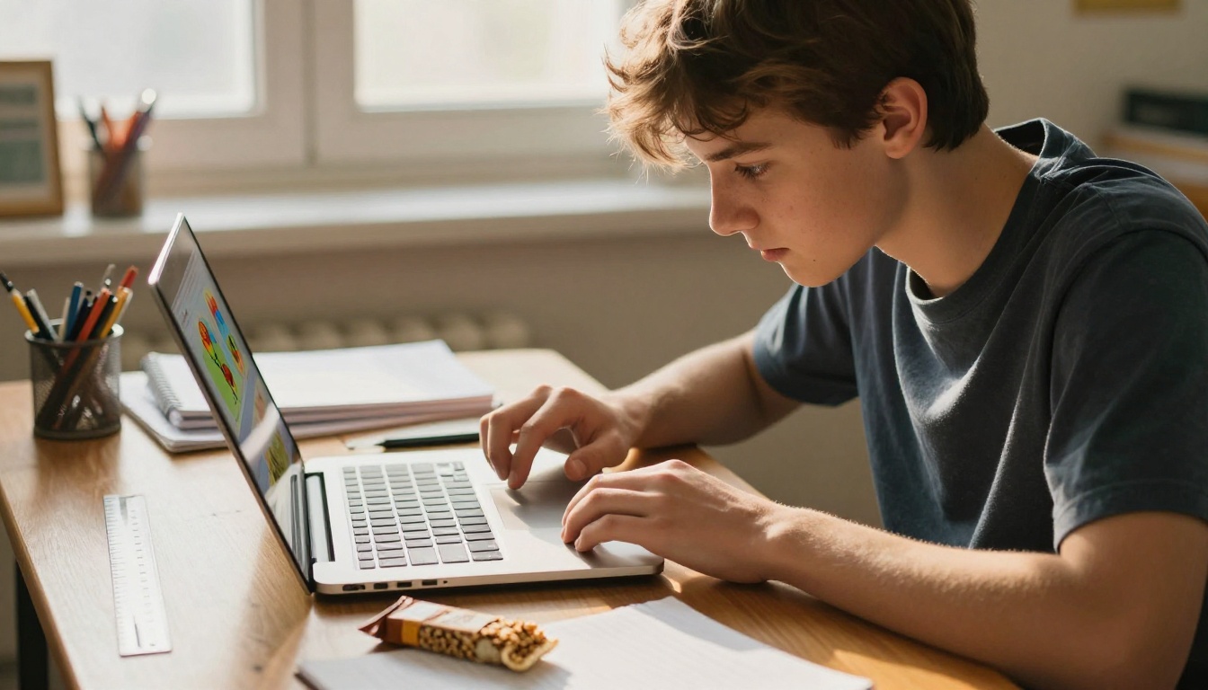 A student at a school desk working on a digital flipbook on a laptop A student at a school desk working on a digital flipbook on a laptop