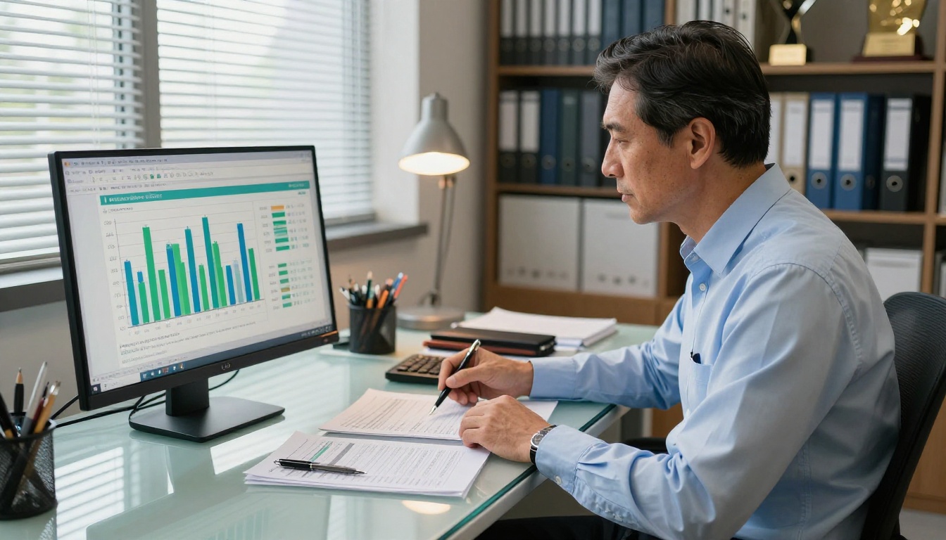School administrator reviewing budget charts on a monitor