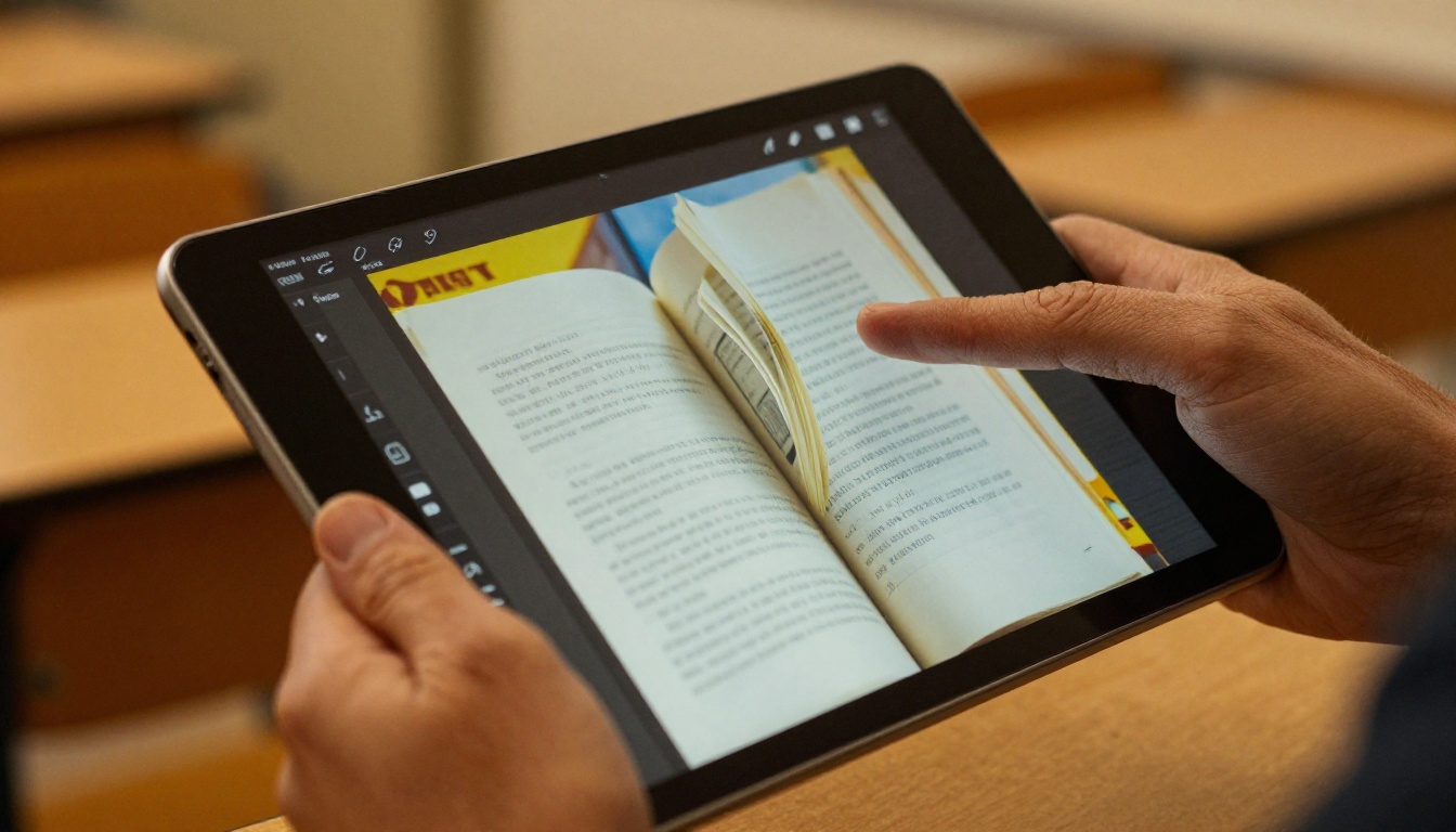 Teacher's hands holding a tablet displaying a vivid digital flipbook with page mid-turn