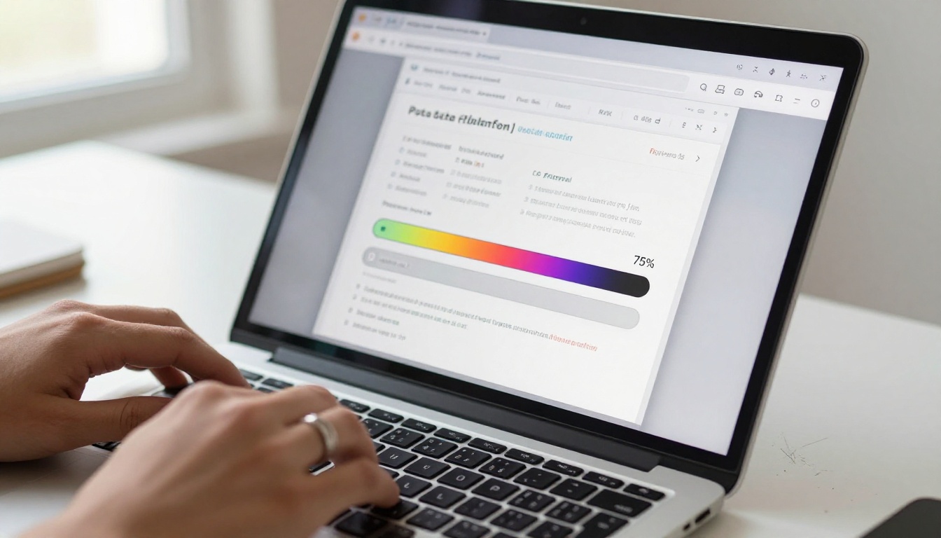 PDF upload interface on a laptop screen with a colorful progress bar PDF upload interface on a laptop screen with a colorful progress bar