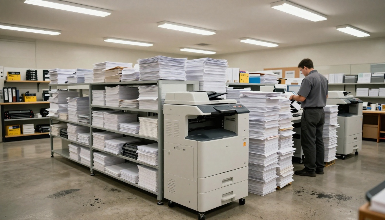 School printing room with industrial photocopier and stacks of paper reams on shelving