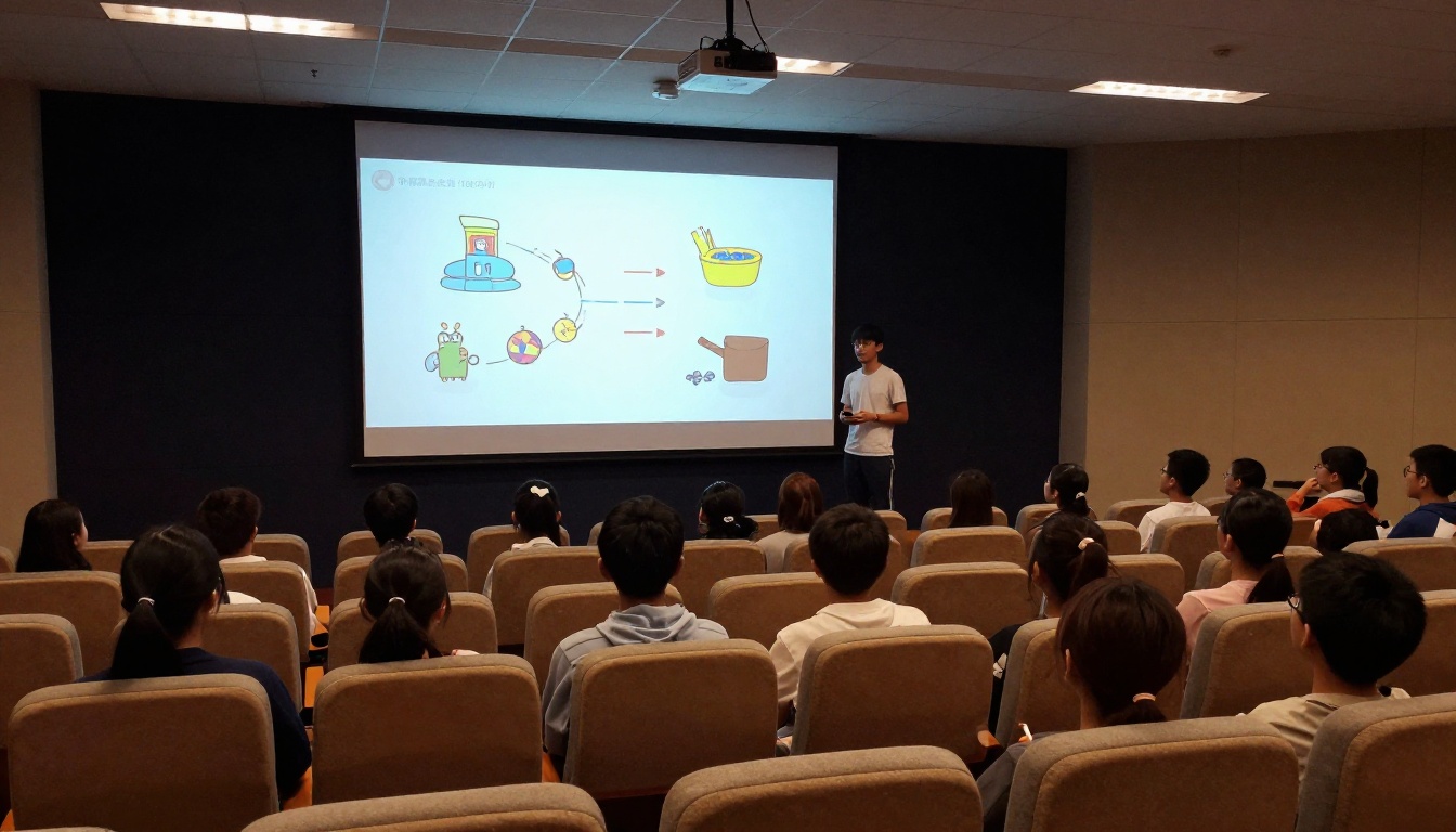 A student presenting a digital flipbook to classmates in a school auditorium A student presenting a digital flipbook to classmates in a school auditorium