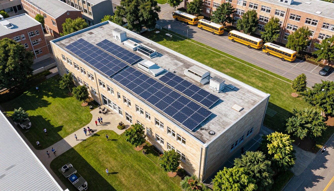 Aerial view of school campus with solar panels on roof and green manicured grounds