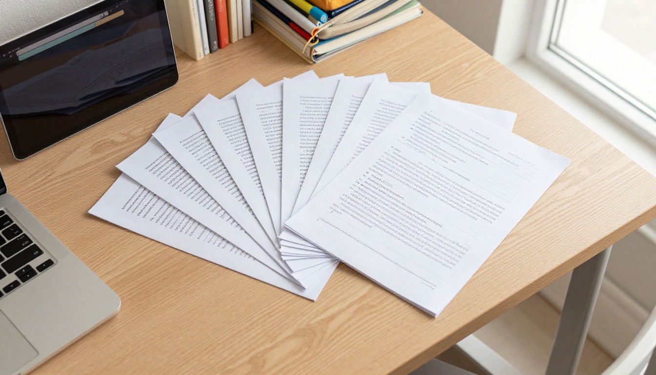 Overhead view of a student desk with printed flipbook pages and a tablet showing the digital version Overhead view of a student desk with printed flipbook pages and a tablet showing the digital version