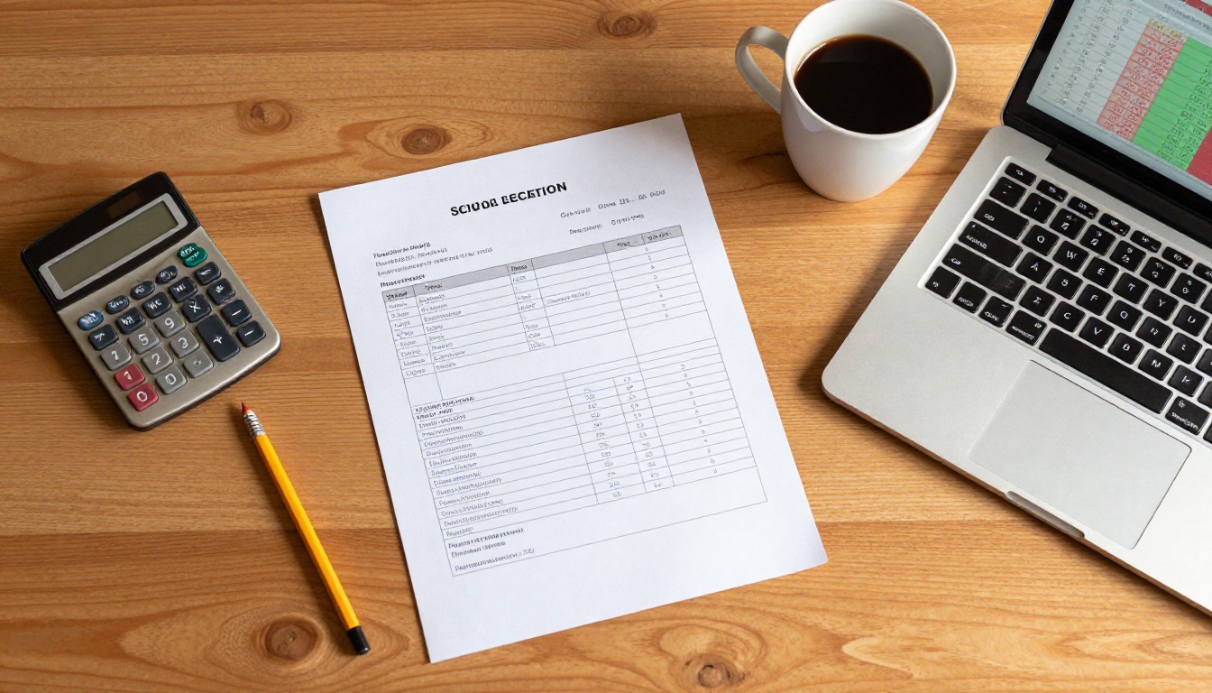Overhead flat-lay of school administrator desk with invoice calculator and laptop showing cost comparison