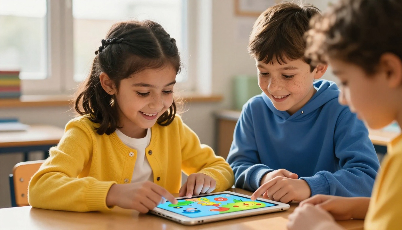 Two young students smiling while sharing a tablet showing a colorful interactive flipbook Two young students smiling while sharing a tablet showing a colorful interactive flipbook