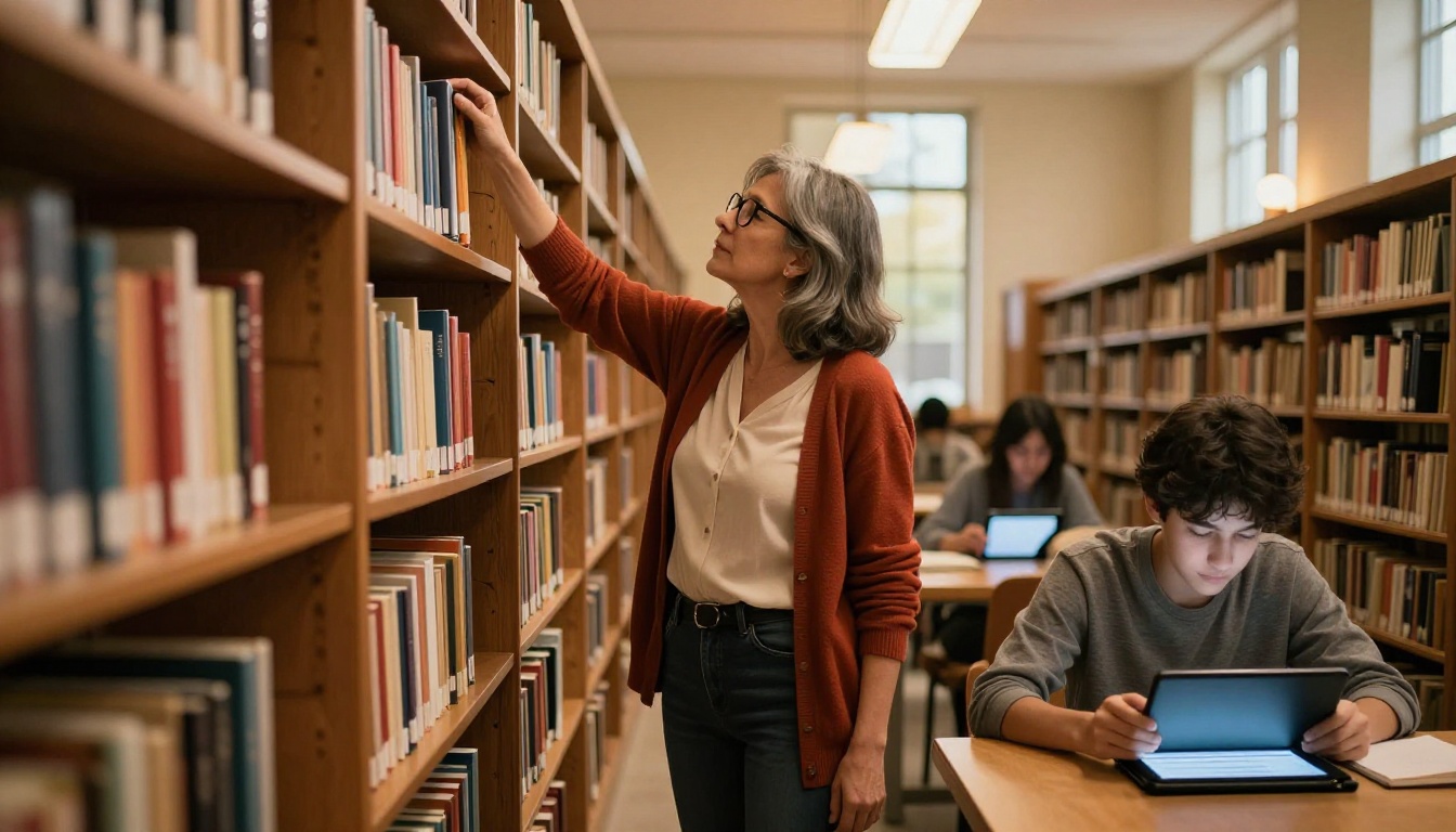 School librarian standing between bookshelves with student reading from tablet in foreground