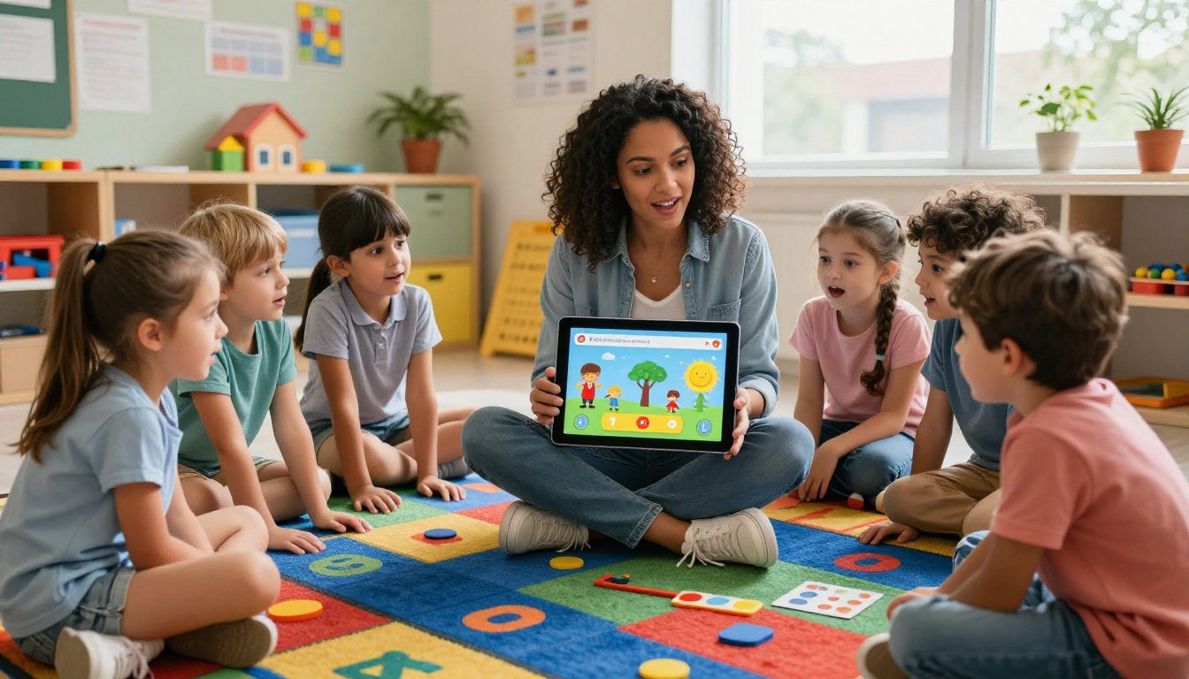 Elementary teacher showing digital flipbook to young students on classroom rug