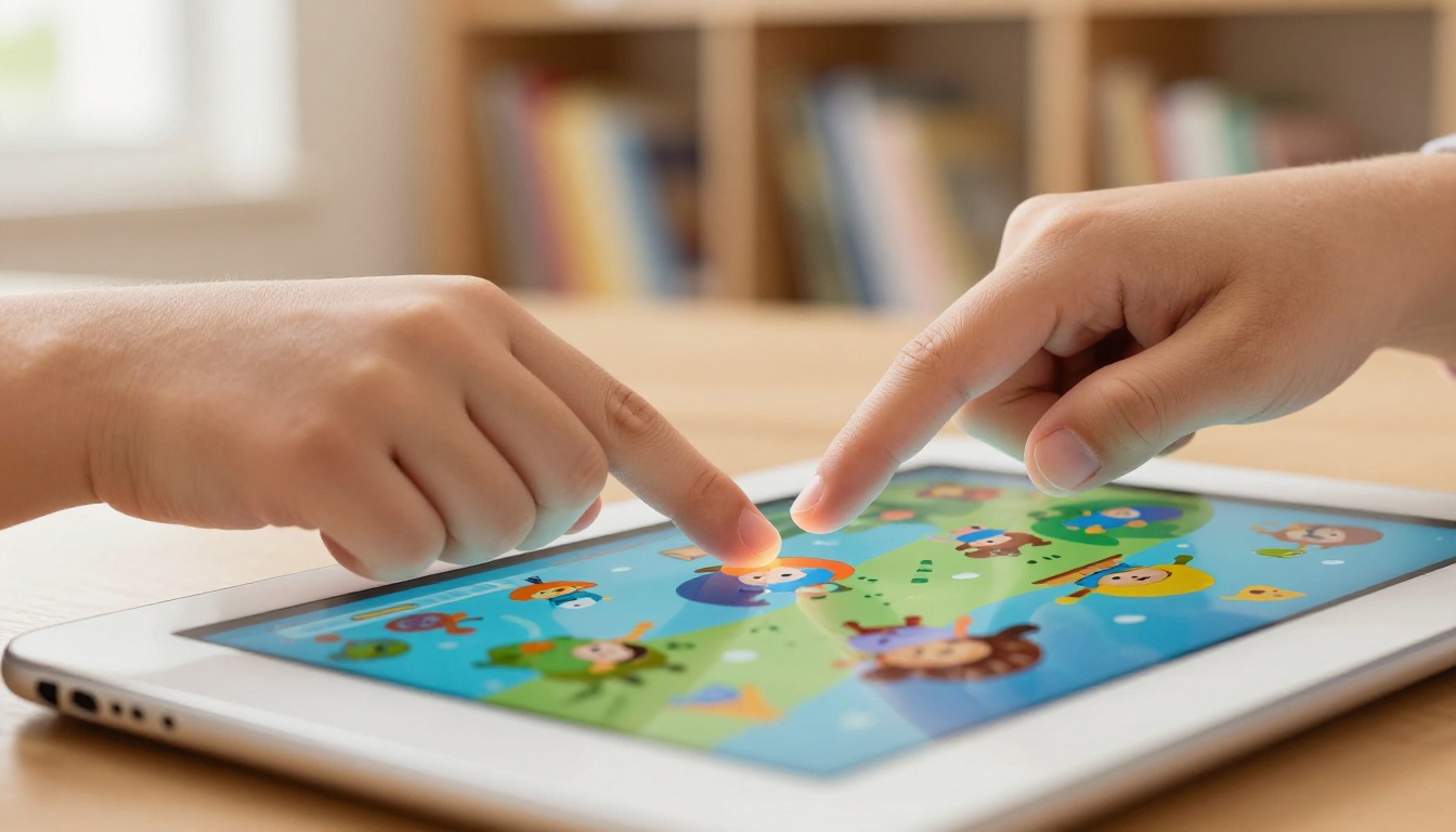 Child's hands swiping through a colorful interactive flipbook on a tablet Child's hands swiping through a colorful interactive flipbook on a tablet