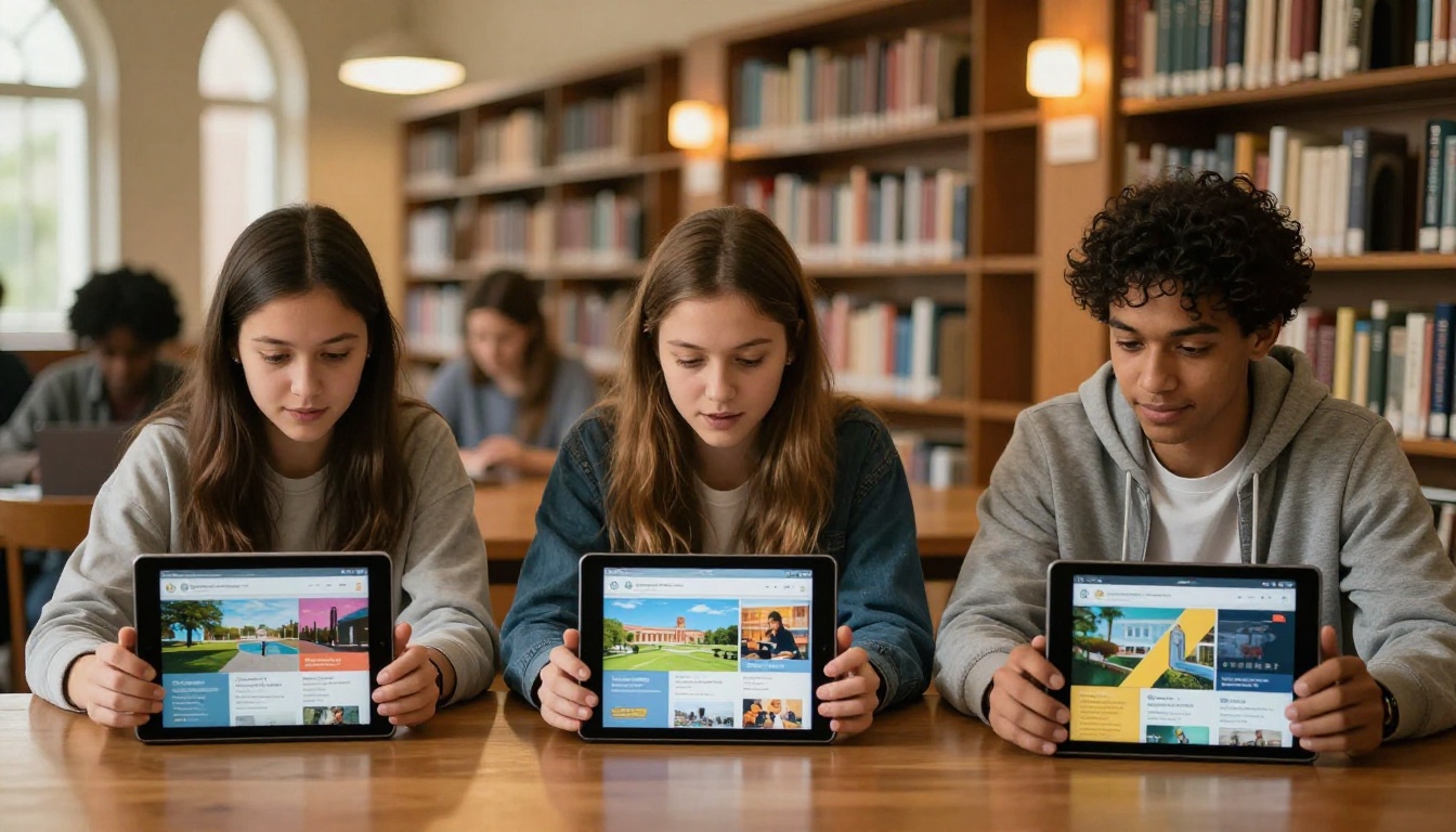 Students browsing digital course catalogs on tablets in a university library
