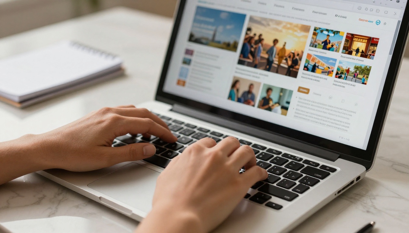 Close-up of hands browsing an interactive digital flipbook on a laptop