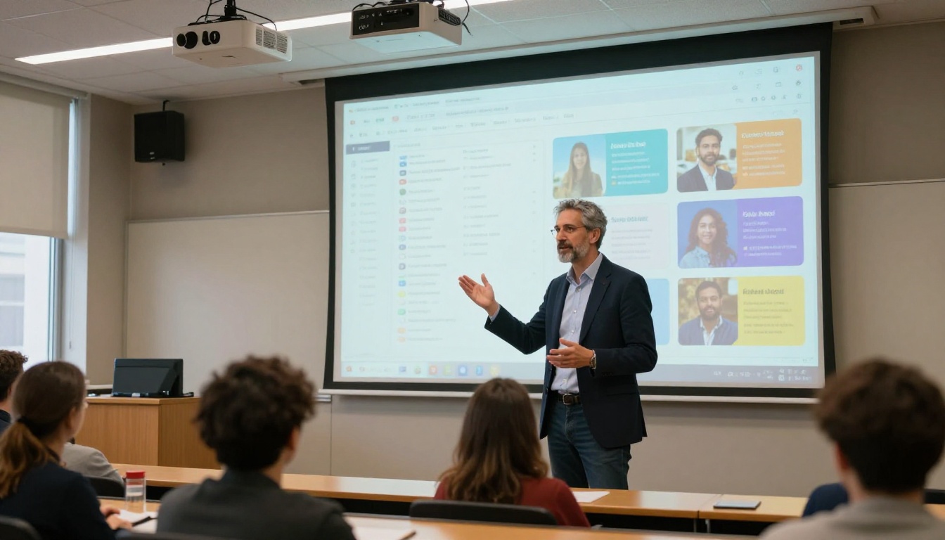 Professor presenting an interactive digital course catalog to students in a lecture hall