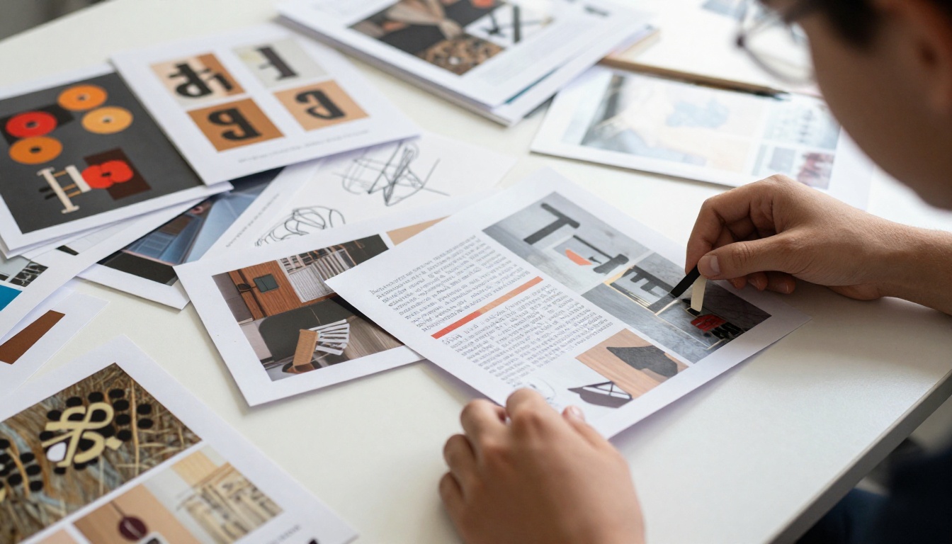 Student hands selecting portfolio pieces on a large studio table