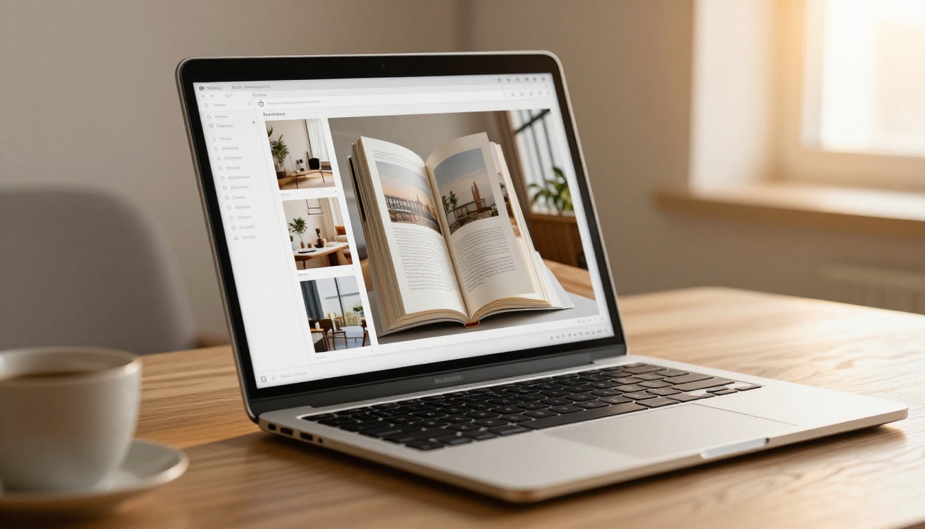 MacBook displaying an interactive flipbook portfolio with page-turn effect on oak desk