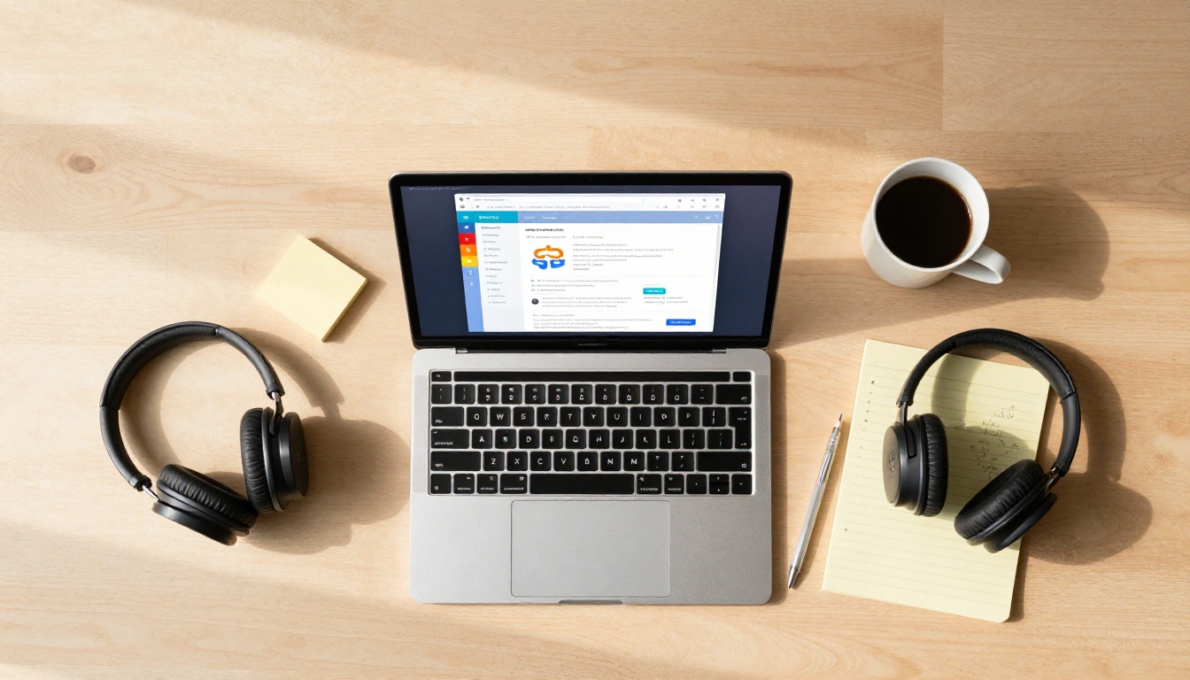 Aerial view of a minimalist study desk with laptop showing a digital course catalog