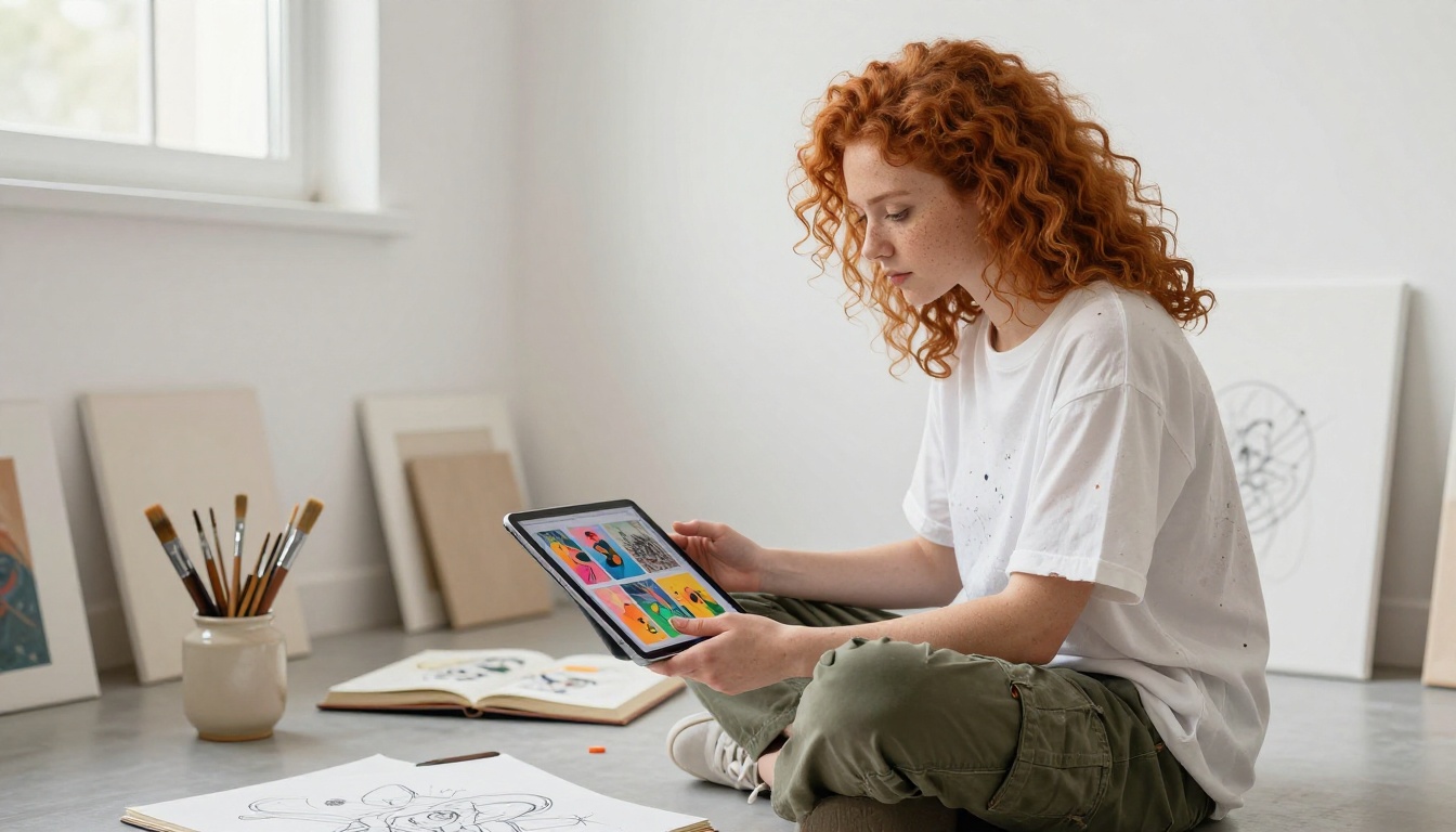 Art student with curly red hair reviewing colorful portfolio flipbook on iPad on studio floor