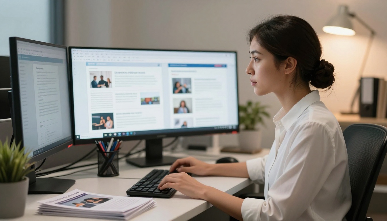 Education coordinator uploading a PDF course catalog to a flipbook platform on dual monitors