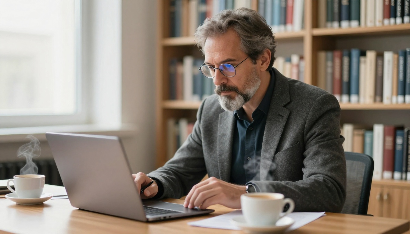 University professor with wire-rimmed glasses reviewing student portfolio on laptop at academic desk