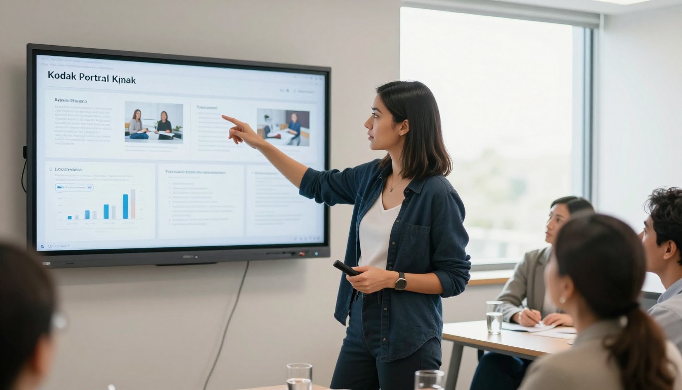 Confident female student presenting digital flipbook portfolio on large monitor to reviewers in bright meeting room