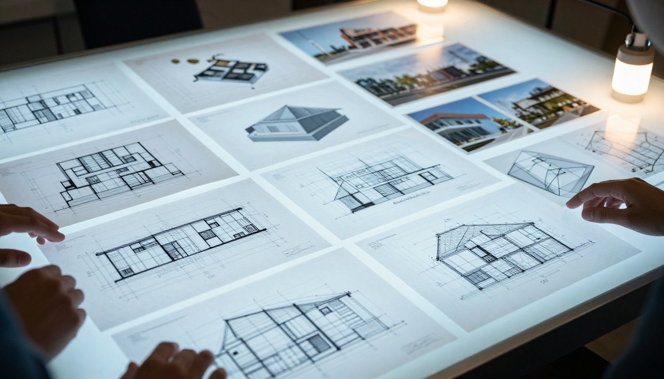Architecture student portfolio with technical drawings spread across a glowing professional light table