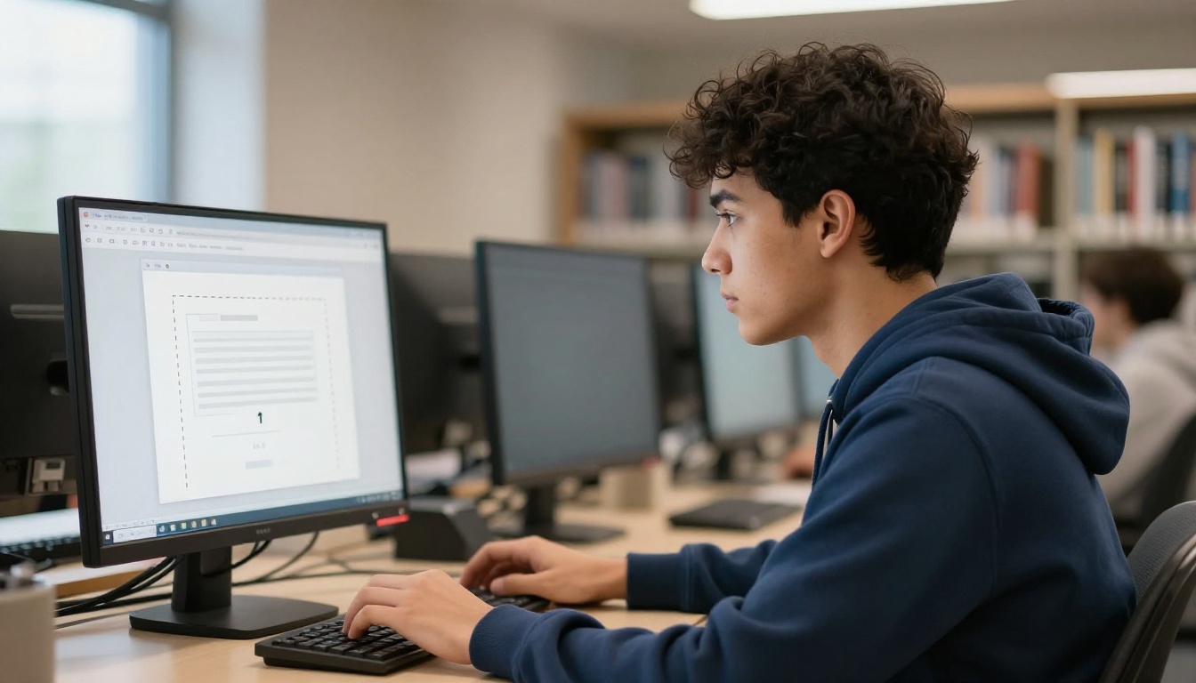 Focused young male student uploading PDF portfolio file to computer in university library