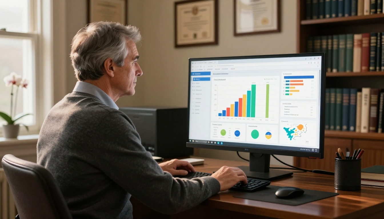 University administrator reviewing course enrollment analytics on a widescreen monitor
