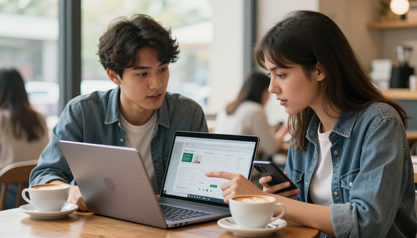 Two university students sharing a portfolio flipbook link together at a sunlit cafe table