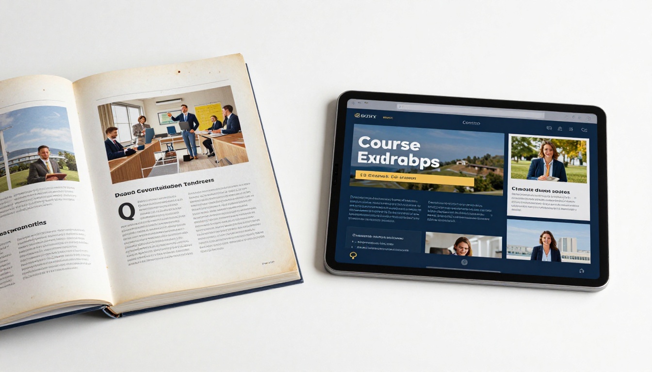 Side-by-side comparison of a printed course catalog versus a digital interactive flipbook on a tablet