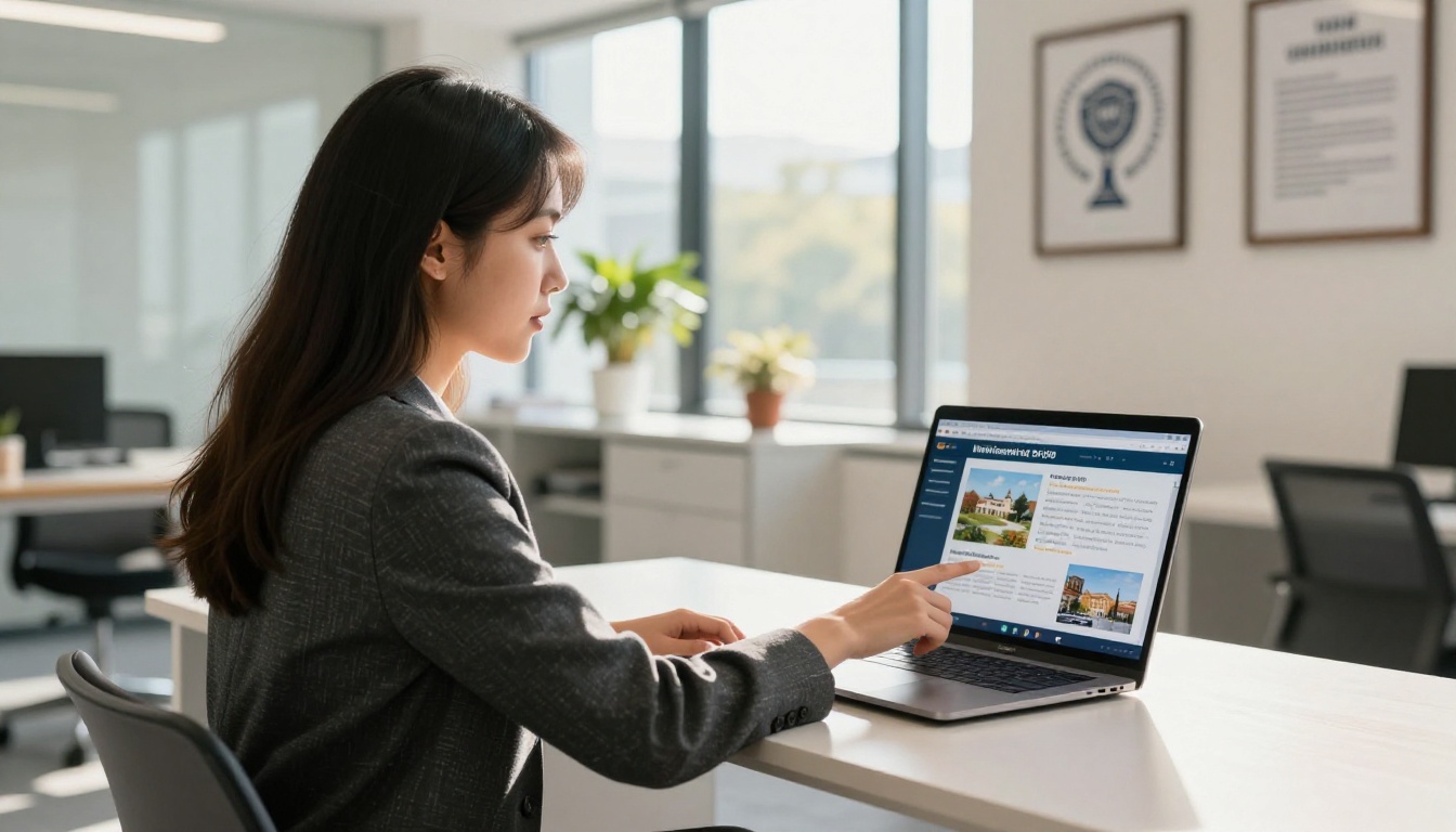University admissions counselor presenting a digital flipbook to a prospective student at a modern campus office University admissions counselor presenting a digital flipbook to a prospective student at a modern campus office