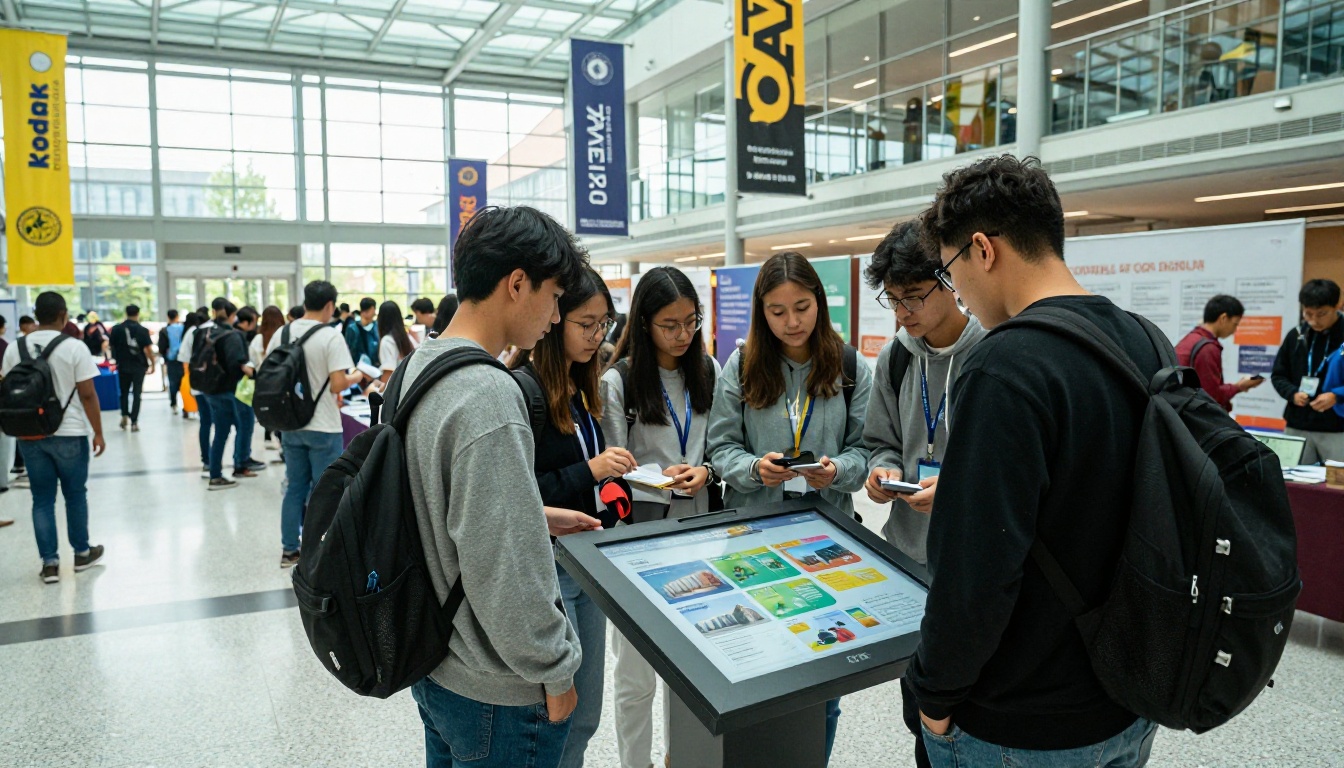 Students at a university campus recruitment fair browsing a digital program directory at a touchscreen kiosk Students at a university campus recruitment fair browsing a digital program directory at a touchscreen kiosk
