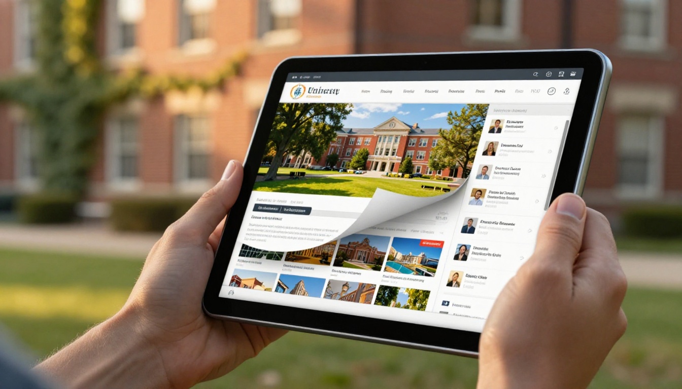 Close-up of young hands holding a tablet displaying a university viewbook with a realistic page-turn effect Close-up of young hands holding a tablet displaying a university viewbook with a realistic page-turn effect