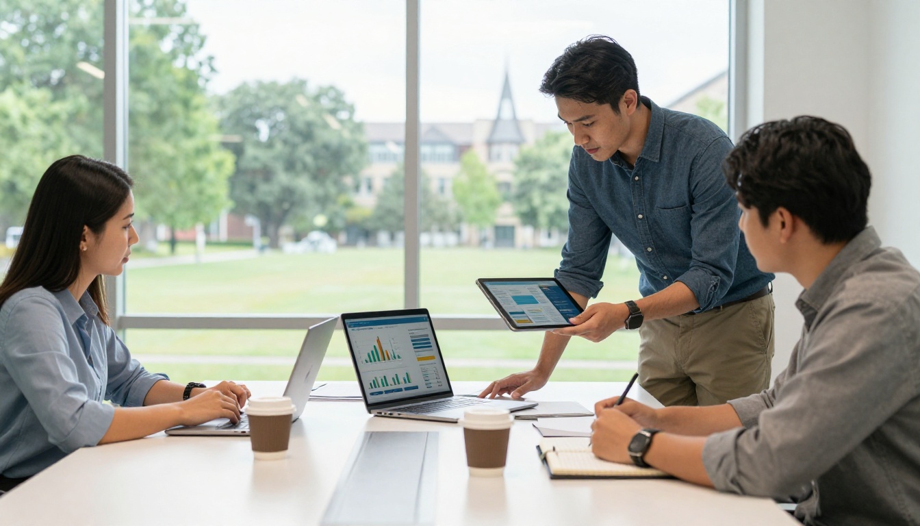 University marketing team reviewing digital recruitment flipbook analytics at a conference table University marketing team reviewing digital recruitment flipbook analytics at a conference table