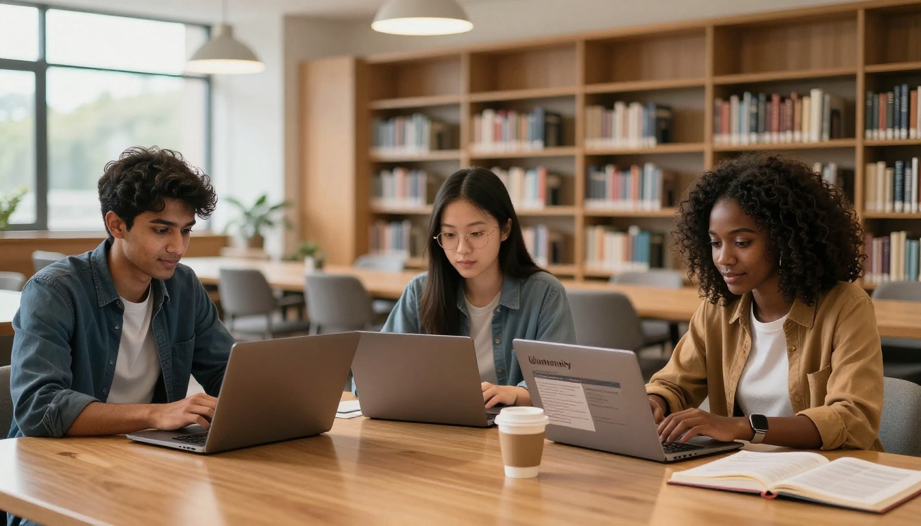 Three international students in a university library reviewing interactive university admission brochures on laptops Three international students in a university library reviewing interactive university admission brochures on laptops