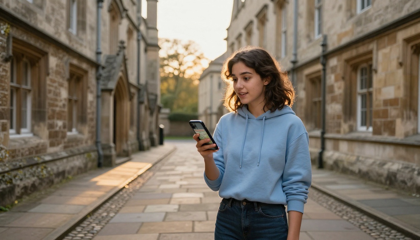 Prospective student standing on a Gothic university campus pathway, browsing a digital campus map on their phone with wonder Prospective student standing on a Gothic university campus pathway, browsing a digital campus map on their phone with wonder