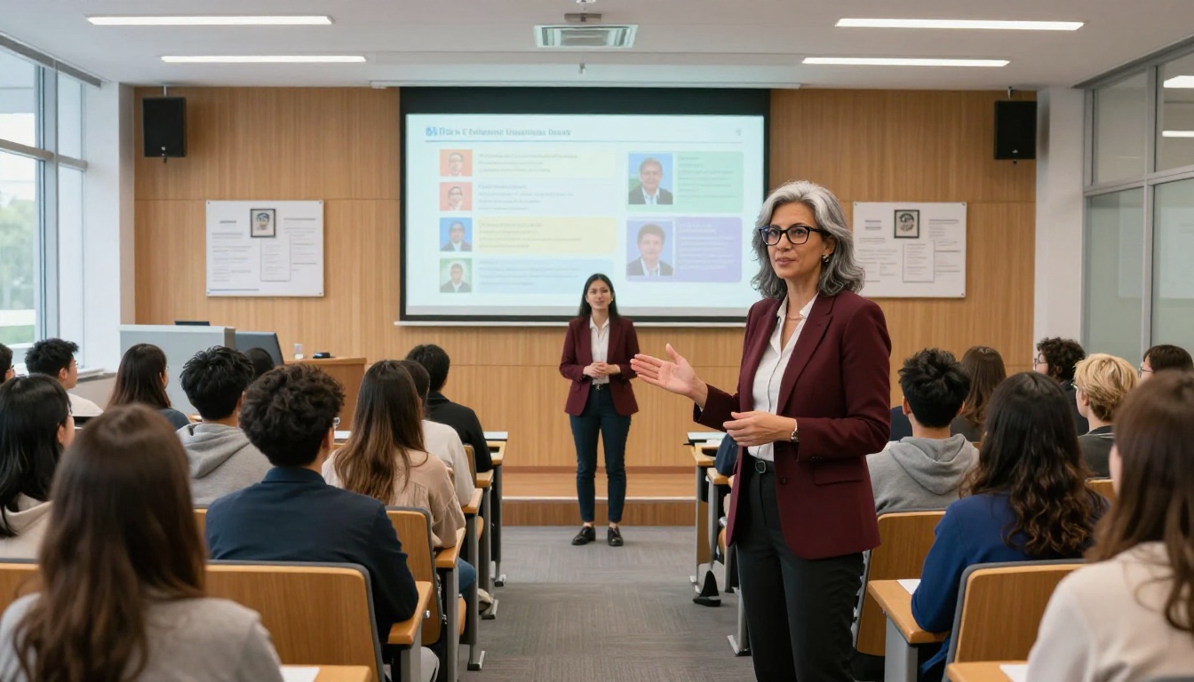 A university department chair presenting a curriculum flipbook to prospective students and parents in a modern lecture hall A university department chair presenting a curriculum flipbook to prospective students and parents in a modern lecture hall